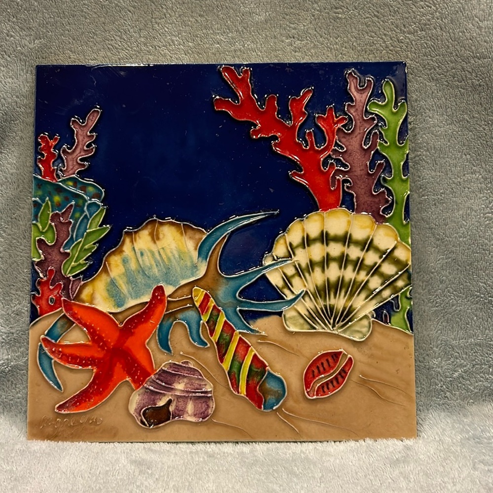 Artist Signed Wayne Gao Seashells Ceramic Art Tile With Stand 9.25”